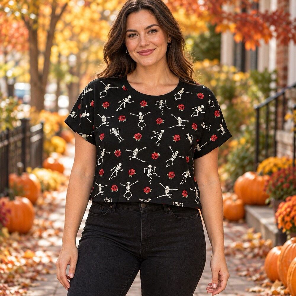 Electric Pink Top Women XL Black Skeleton Rose Print Cropped Short Sleeve TShirt